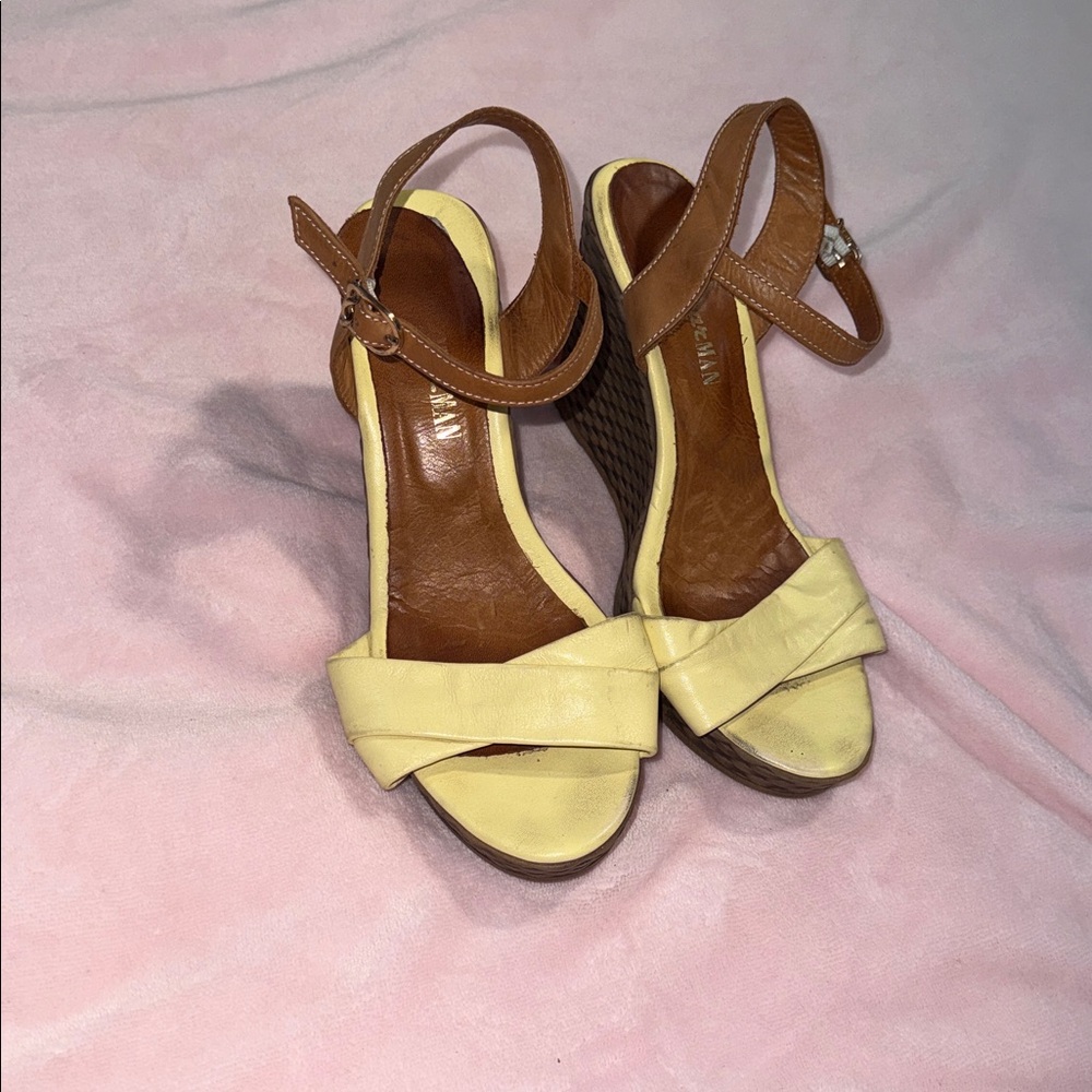 Two-Tone Pale Yellow and Brown Wedge Sandals with Ankle Strap